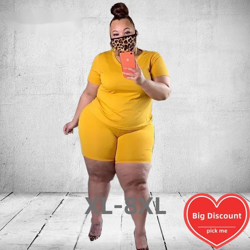 Plus Size Women's Clothing Summer Solid Casual Super Stretch Two Piece Sports Suit New Style Wholesale 3xl 4xl 5xl 6xl