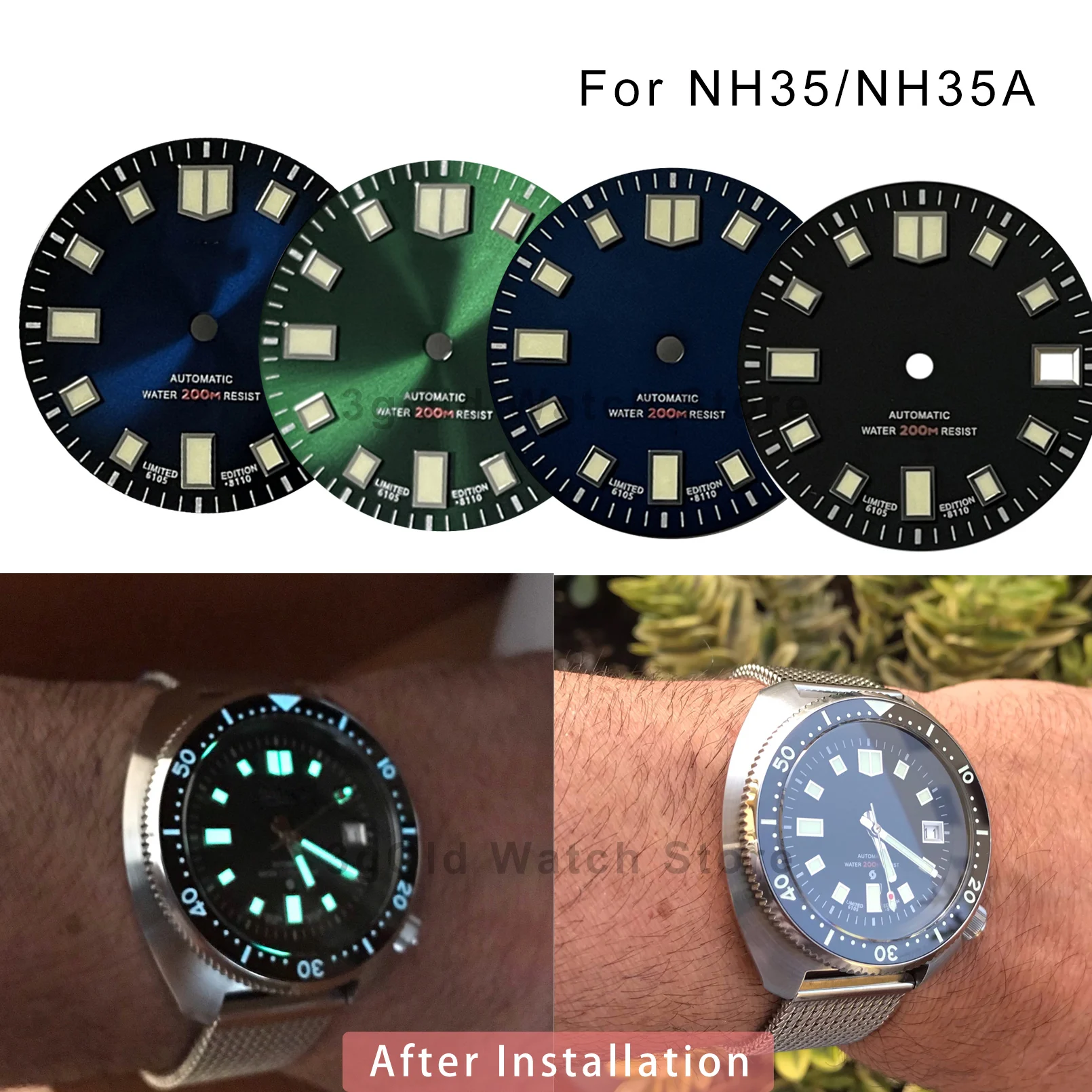 

Циферблат часов 28,5 мм C3, светящийся для дайвинга NH35A, циферблат BlueGreenBlack 6105
