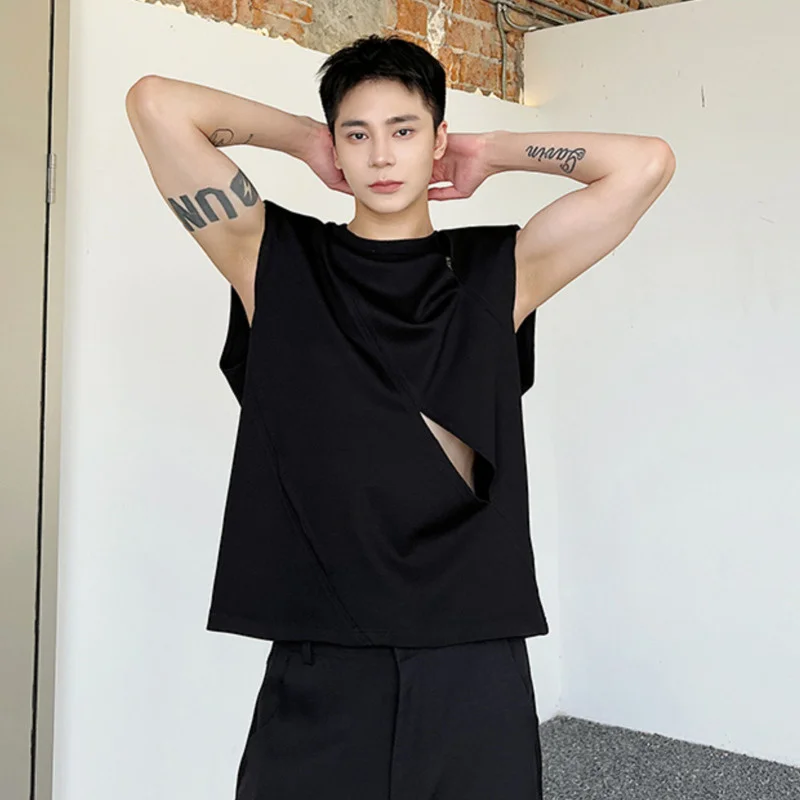 

SYUHGFA мужские Индивидуальные Жилеты с разрезом модный плечевой Топ Без Рукавов Новые летние корейские футболки с вырезами