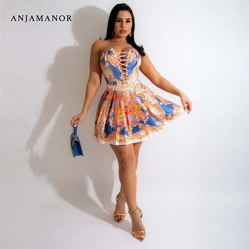 

ANJAMANOR 2022 Fashion Printed Two Piece Set Pleated Mini Skirts and Crop Top Sexy Cute Outfits for Women Matching Sets D29-DE40
