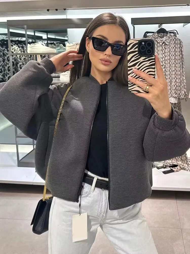 

HH TRAF Autumn Fashion Female Bomber Casual Jackets Zipper Pockets Women's Drop Shoulder Cropped Loose Coat Oversized Outerwear