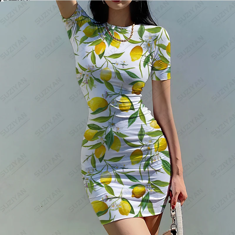 2023 Summer New Sexy Women's Short Sleeve Round Neck Dress Fruit Lemon 3D Printed Beach Dress Hawaiian Style Slim Fit Dress