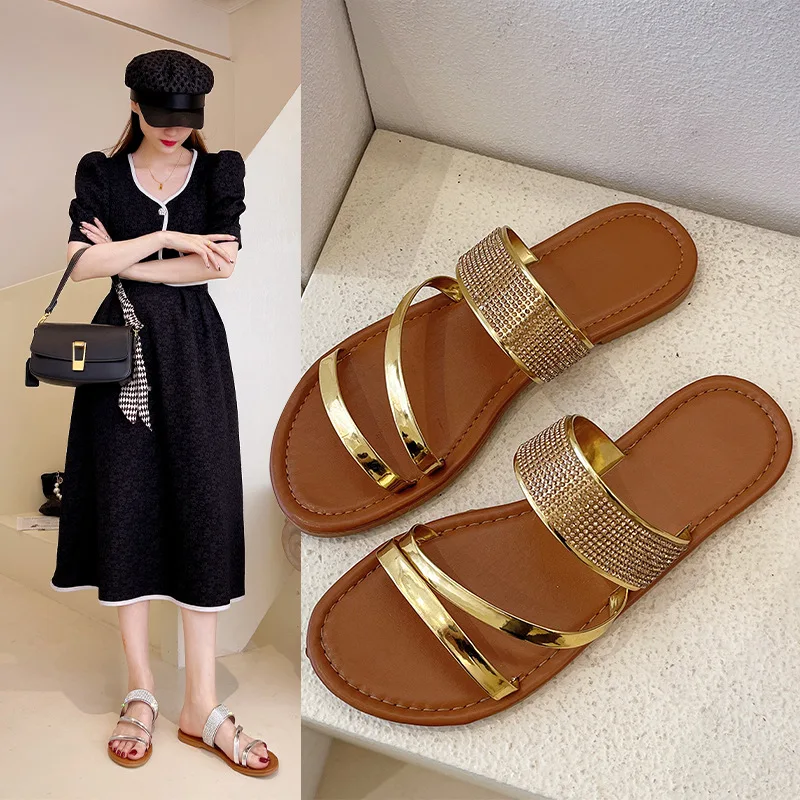 43 Large Size Slippers Female Summer New Fashion Trend Rhinestone Flat Slippers Comfortable And Breathable Outer Wear Sandals