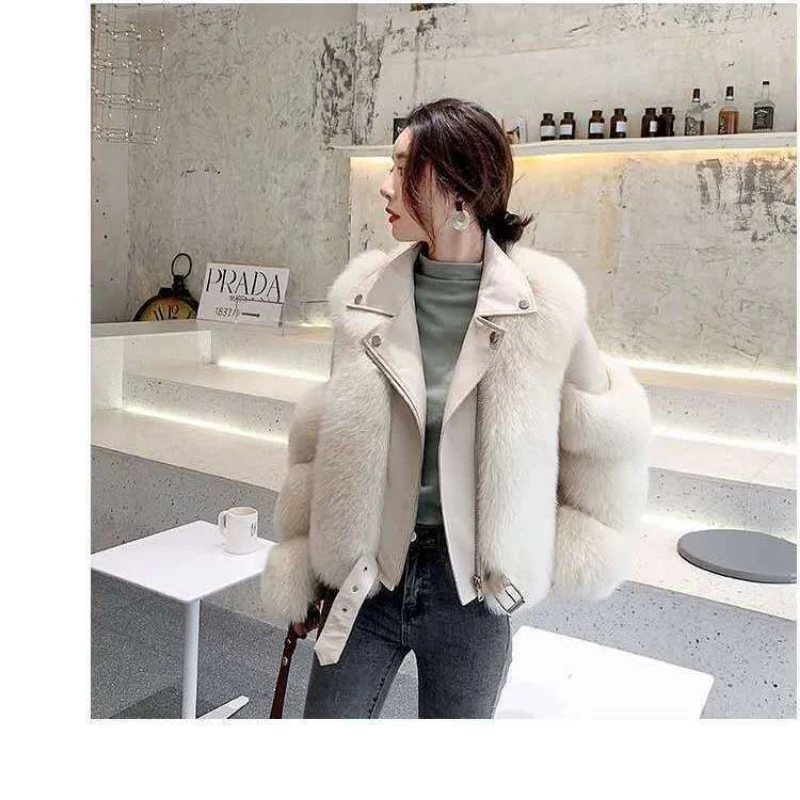 New top fashion luxury imitation fox fur fur coat fur coat whole skin thin women's motorcycle clothing warm coat women