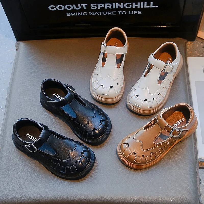 Новинка 2024 детские сандалии для девочек модная кожаная обувь принцессы с