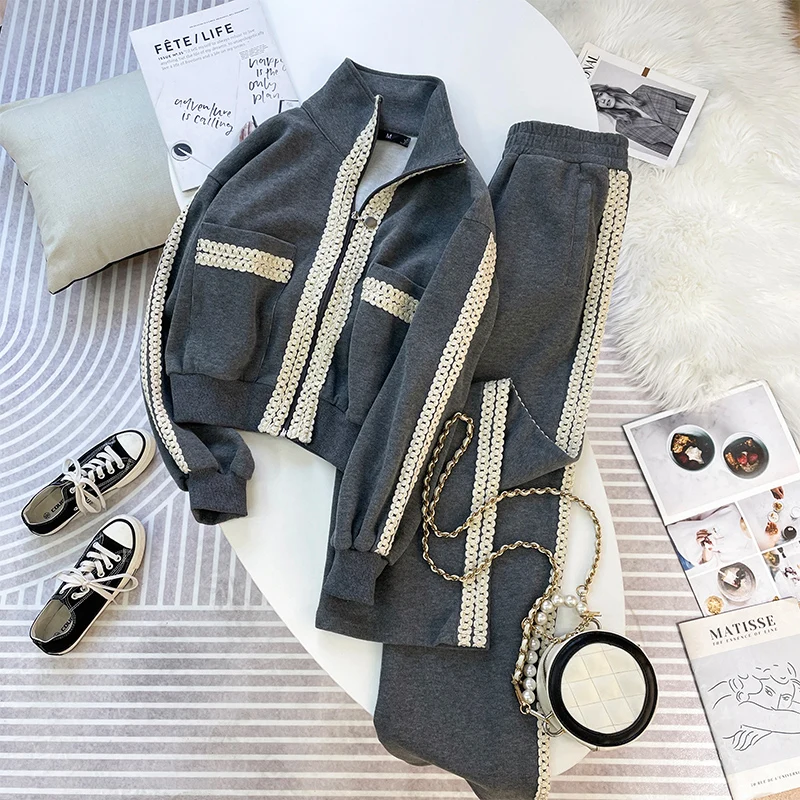 

Женский Повседневный костюм с кардиганом, толстовка с воротником-стойкой и простроченные кофты + широкие брюки, спортивная одежда, комплект...