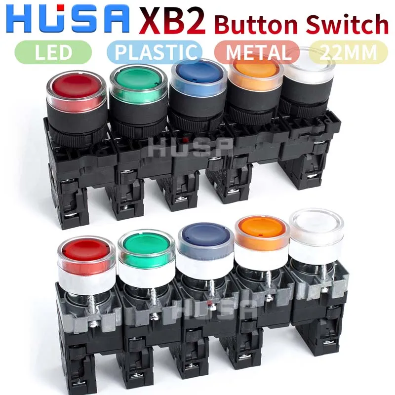 

XB2 LED Button switch self reset flat head 22mm start 1NO NC NO/NC Momentary Push Button Switch Metal Plastic head RED GREENBLUE