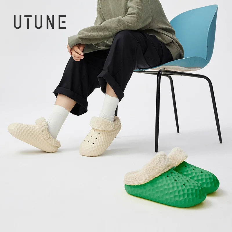 

UTUNE Waterproof Wave Men's Slippers Warm Women Home Flats Non-slip Removable Insole House Shoes Two Wear DIY Upper Indoor Slide