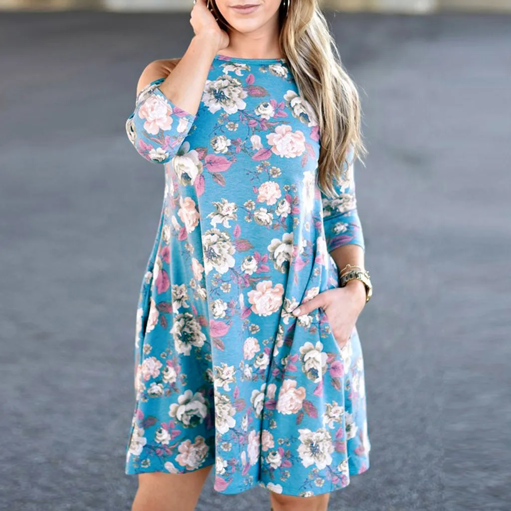 

With Five Women's Sleeves Shoulders Flower Showr Printed Loose Dress And Women's Dress Long Sleeve Maxi Dress for Women