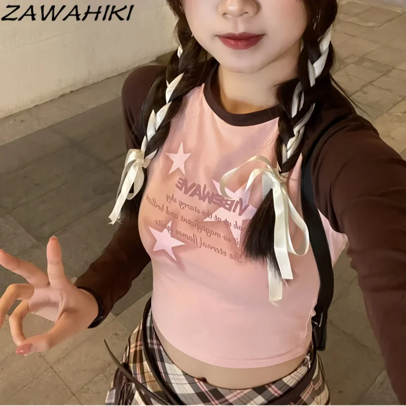 

Y2K Retro Pink Tshirts O-neck Streetwear Patchwork Skinny Basic T Shirts Fairy Grunge Graphic Print Tees Top Harajuku Shirt