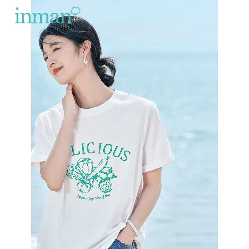 

INMAN Women T-shirt 2023 Summer Short Sleeves Round Neck Loose Tees Fruit Vegetable Print Casual All-match White Tops