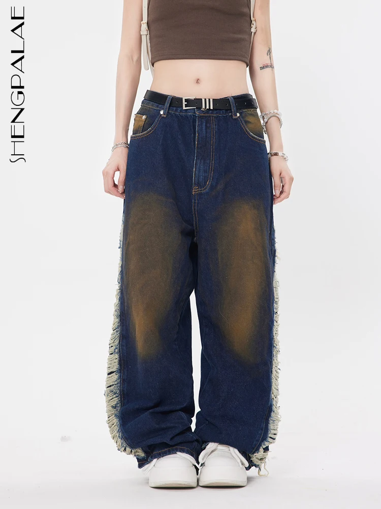 

SHENGPALAE, винтажный Модный дизайн, винтажные джинсы с отстрочкой, повседневные, с боковым начесом, штаны для женщин, 2023, Весенняя новая одежда, ...