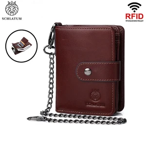 SCHLATUM Men Leather Wallet Vintage Zipper RFID High Quality Brand Male Purse Multifunctional Storag