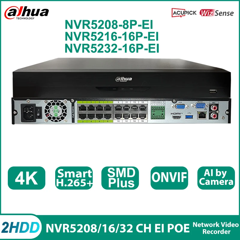 

Dahua NVR5208-8P-EI NVR5216-16P-EI POE Replace NVR5216-16P-4KS2 8/16/32CH 8/16PoE WizSense Network Video Recorder 4K SMD CCTV