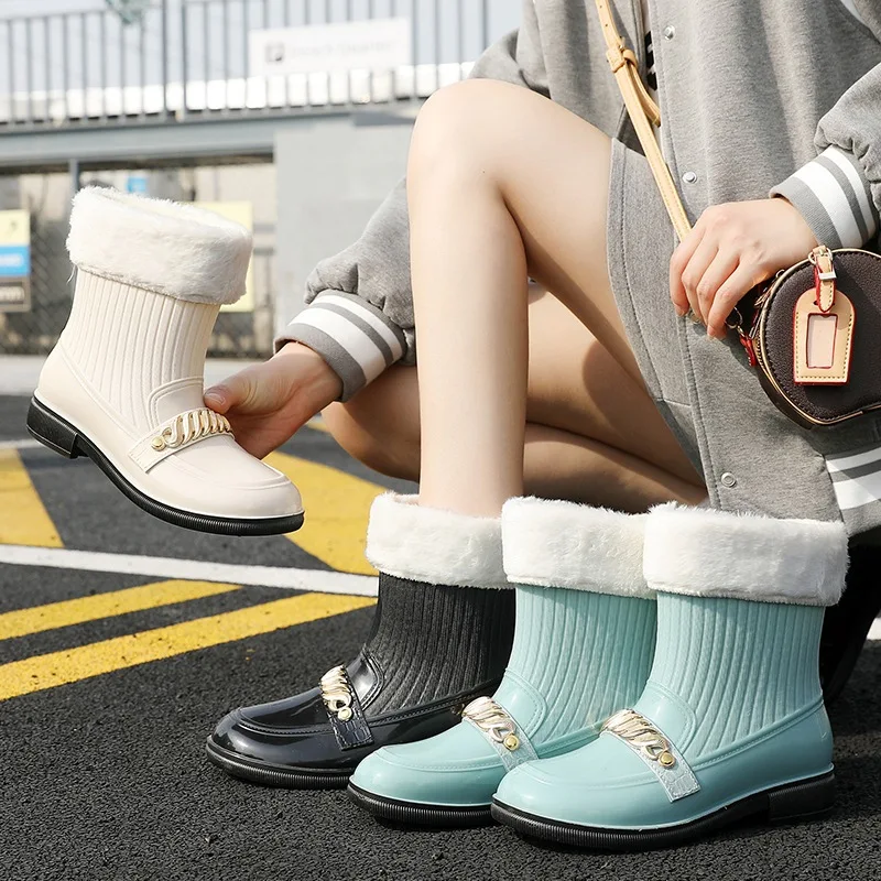 New Women's Rain Boots Thick Bottom Square Root Metal Decoration Fashion Trend Waterproof Non-Slip Cotton Warm Work Rain Boots
