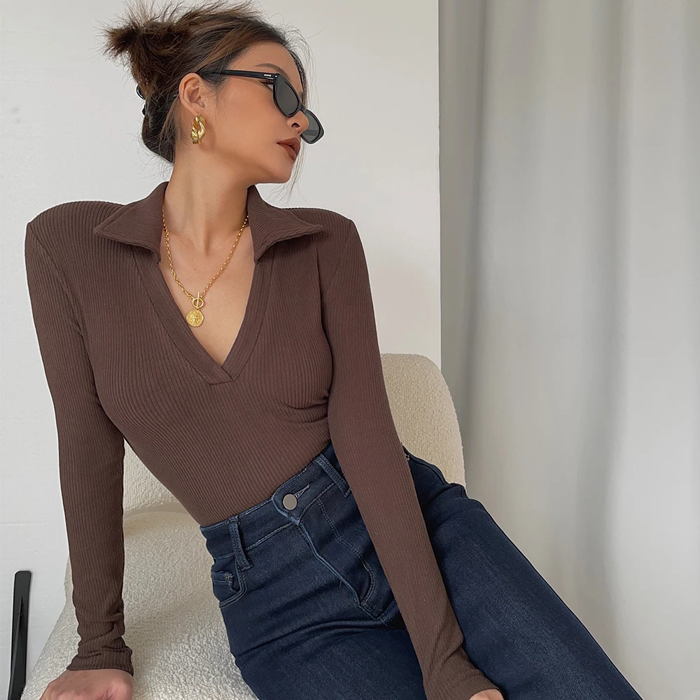 

Woman V Neck POLO Neck Ribbed Long Sleeve Crop Basic Top Tee