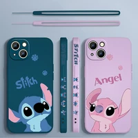 stitch baby disney cute phone case for apple iphone 13 12 11 pro max mini xs xr x 8 7 6s 6 plus liquid left rope funda cover