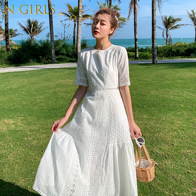 

N GIRLS High Quality White Lace Patchwork Hollow out Dress Bohemian Beach Dress Summer Embroidery Seaside Vacation Dress