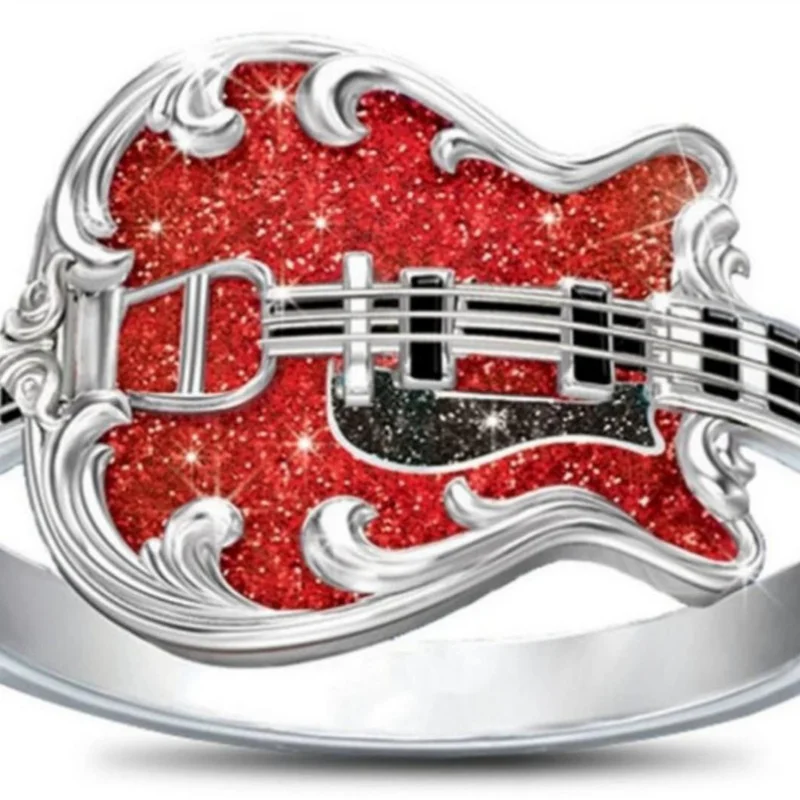 

Personalized Red Guitar Shape Neutral Ring Gothic Punk Style Men's and Women's Instrument Ring Holiday Gift Size 5-12