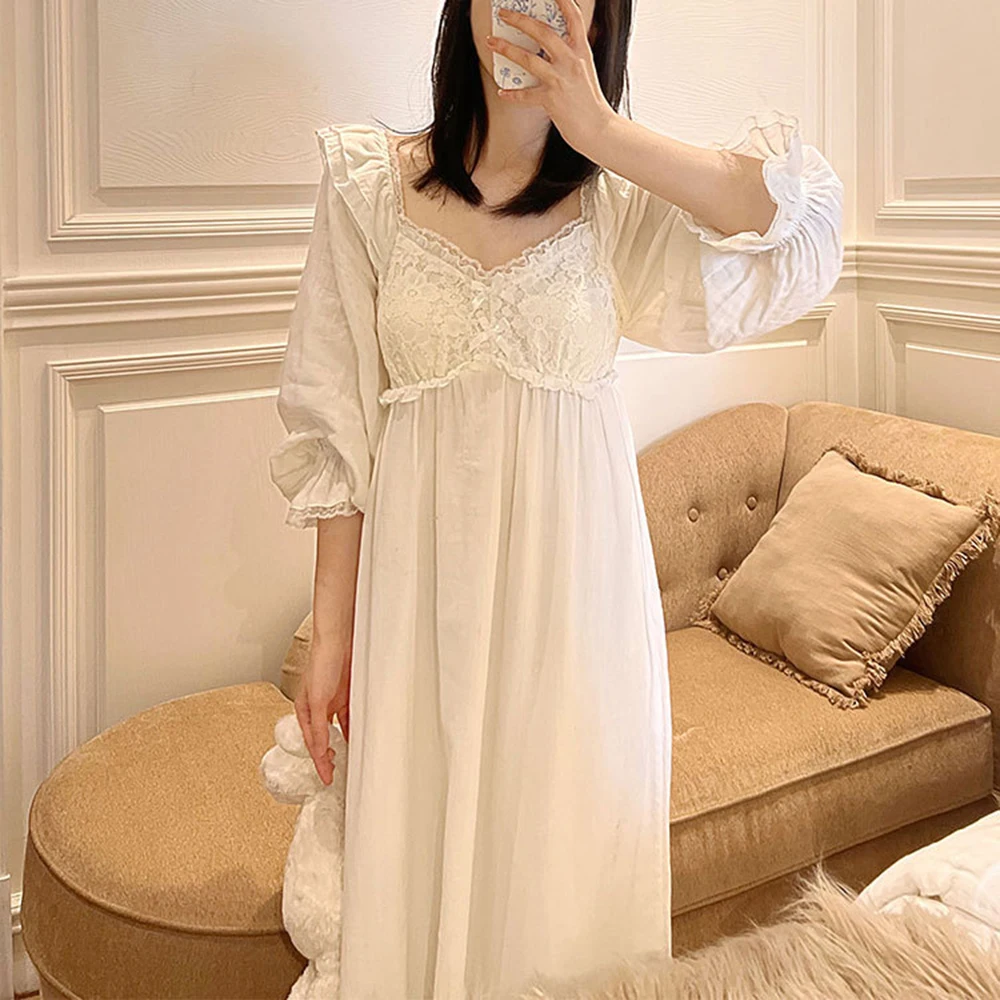 Women Princess Beautiful Nightdress Double Layers Cotton Gauze Long Sleeve With Breast Cushion Sweet Nightgown Robe Dress Lounge