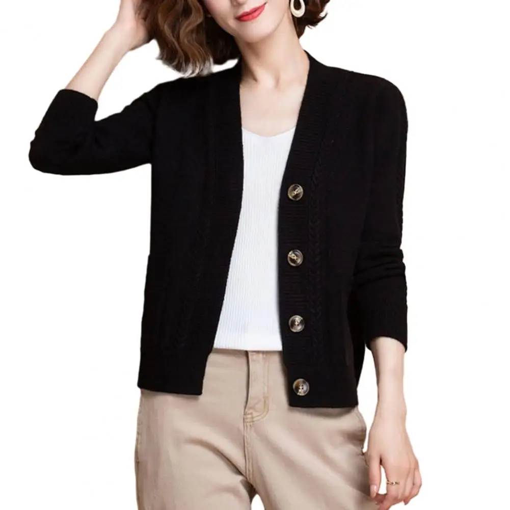 

Solid Color Long Sleeve Cardigan Chic Middle-age Women's Knitted Cardigans V-neck Button Closure Long Sleeves Solid for Spring