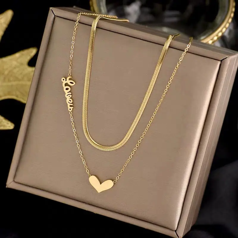 

Gold Color Heart Multilayer Necklaces Snake Bone Chain Choker 316L Stainless Steel Titanium Pendants For Women Fashion Jewelry