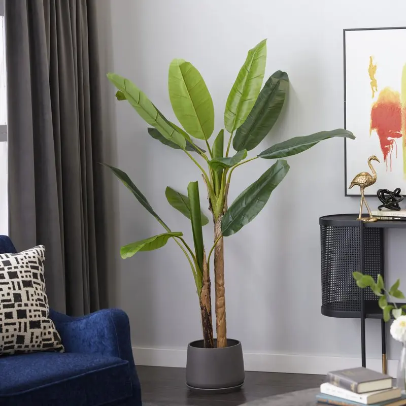 

64" Banana Leaf Artificial Tree with Black Plastic Pot, by