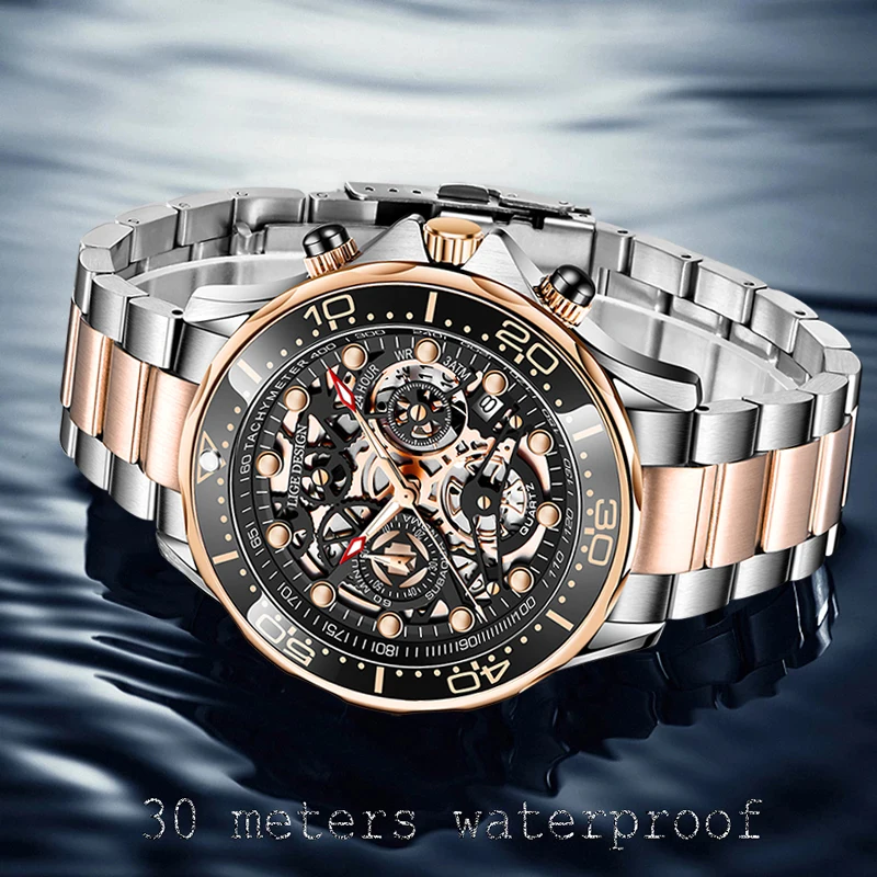 

2022 LIGE Luxury Business Watch Men's Automatic Watches For Men Skeleton Hollow Quartz Wristwatches Waterproof Relogio Masculino