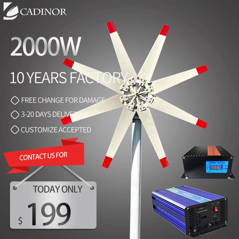

China Factory High-Power 2000W Horizontal Axis Wind Turbine 12V 24V Off-Grid 8 Blades Windmill Electric Alternator Controller