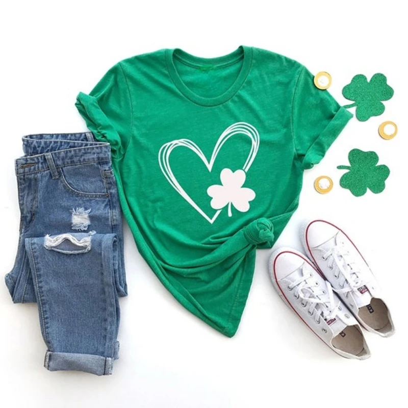 

Saint Patrick's Day Heart T Shirt St Patrick Day Printed T-shirt Men Women Shamrock Lucky Irish Shirt St.Paddy's Day Short-sleev