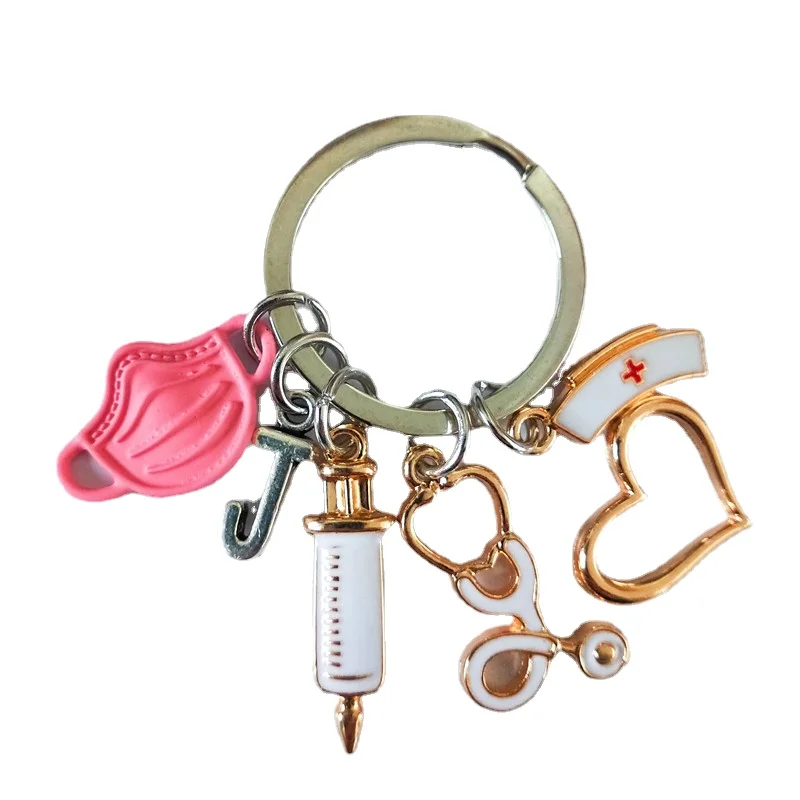 

Customized Name Keychain A-Z Letters Nurse Doctor Mask Medical Staff Syringe Stethoscope Silver Keychains Key Ring