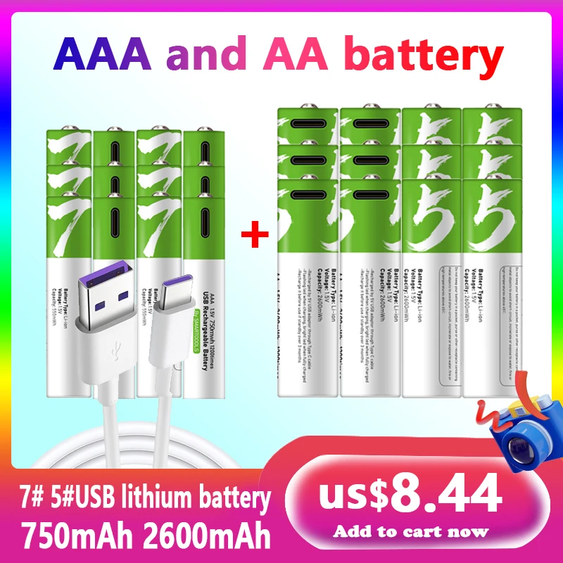 

Original aa and aaa rechargeable batteries, fast charging USB C-type 1.5v 750mAh 2600mAh small fan lithium battery free of shipp