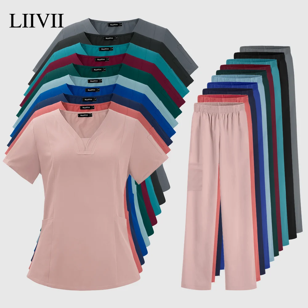 

Wholesale Fashion Scrub Suits Dental Hospital Uniform Set Solid Color Unisex Surgical Gown Pocket V-neck Scrubs Sets for Women
