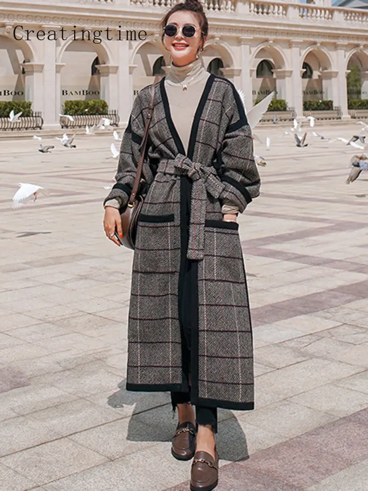 

Colorblock Plaid Woolen Coats Women's 2022 New Long Length V-neck With Belt Overcoat Female Stylish Clothing Autumn Winter 1A557