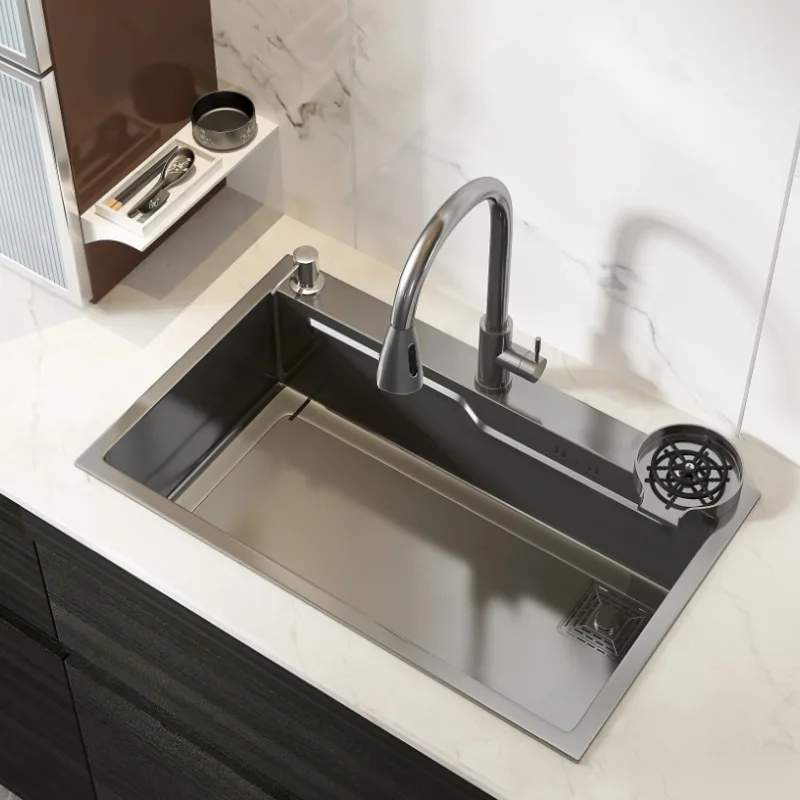 Black Nano Sink Stainless Steel Kitchen Sink Topmount Double Ledges Workstation UnderThe Counter Basin Left Brain Cutting Board