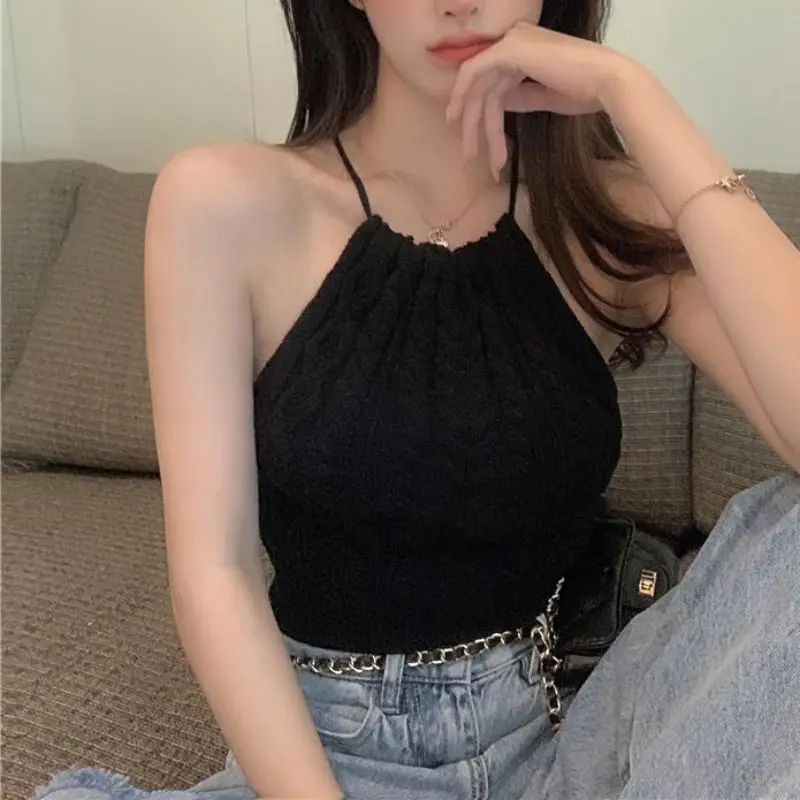 

Лето 2023, трикотажный пикантный короткий топ на бретелях с воротником-хомутом и шнуровкой, женский жилет, Топ внутри и снаружи