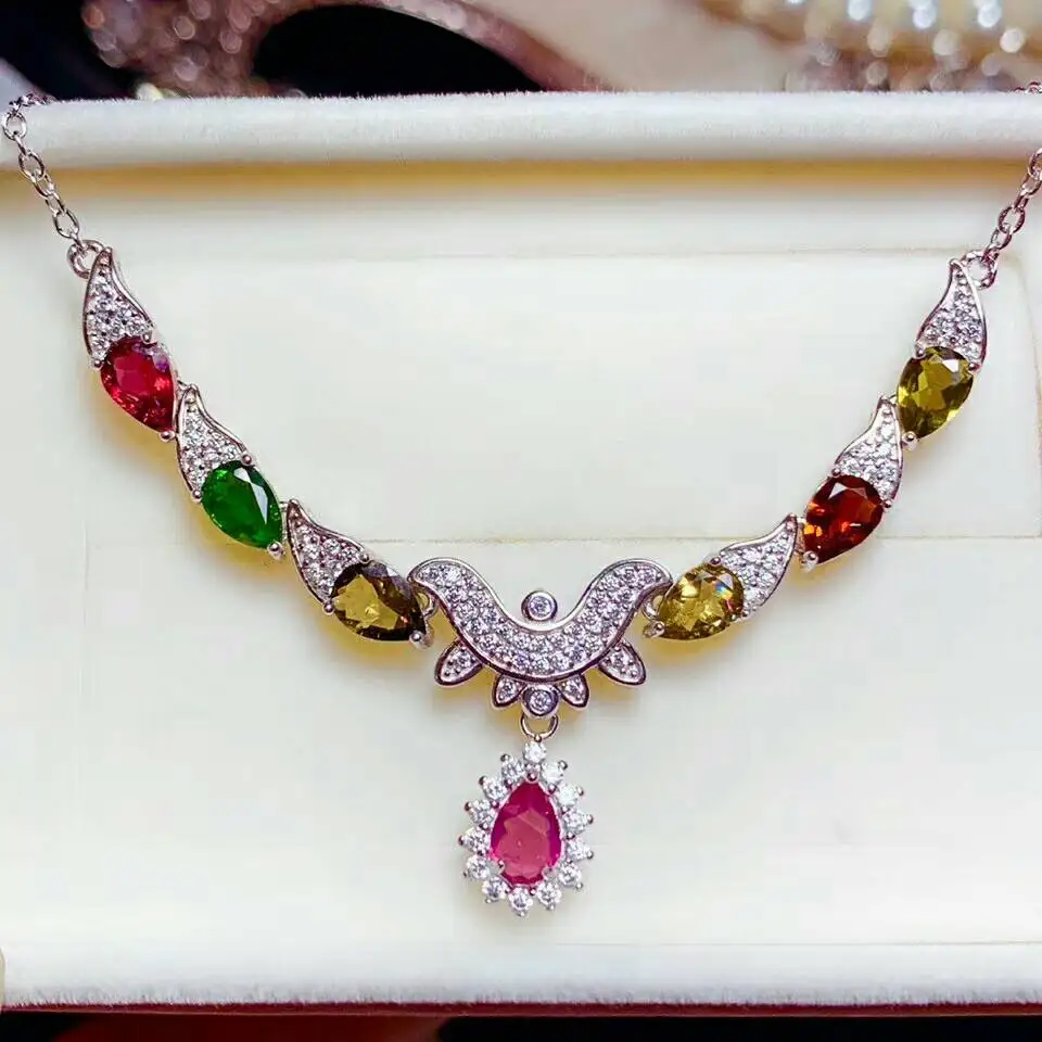 

MeiBaPJ Luxurious Multicolor Tourmaline Pendant Necklace with Certificate 925 Pure Silver Fine Charm Wedding Jewelry for Women