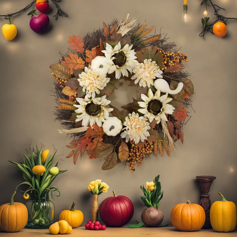

Autumn Garland Maple Leaf Pumpkin Fall Wreath Sunflower Front Door Hanging Thanksgiving Farmhouse Home Wall Windown Decoration