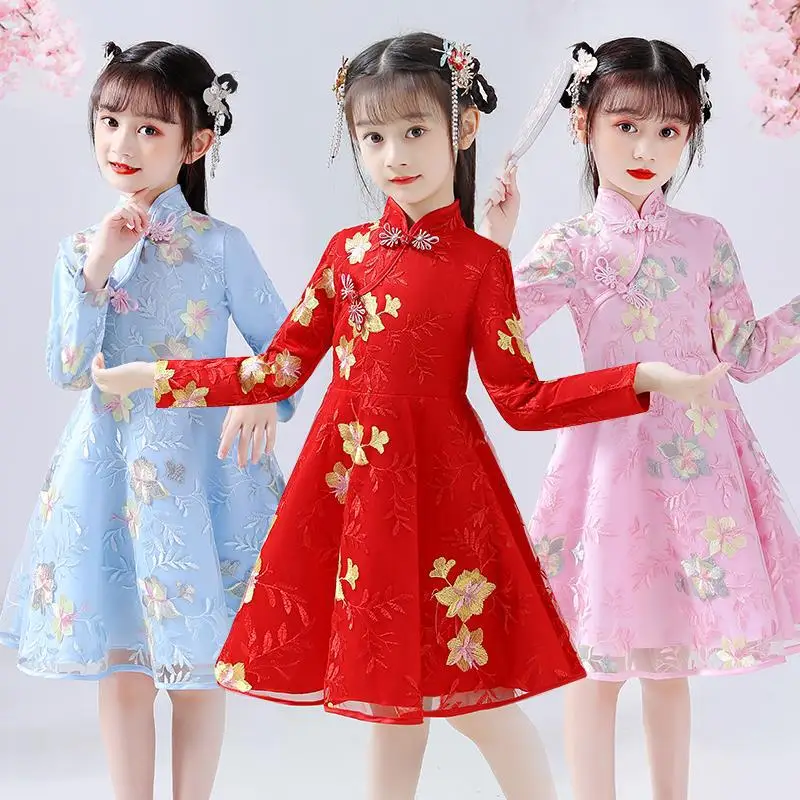 

Girls embroidered dress Chinese style Tang suit spring and summer cheongsam autumn and winter plus velvet dress princess skirt S