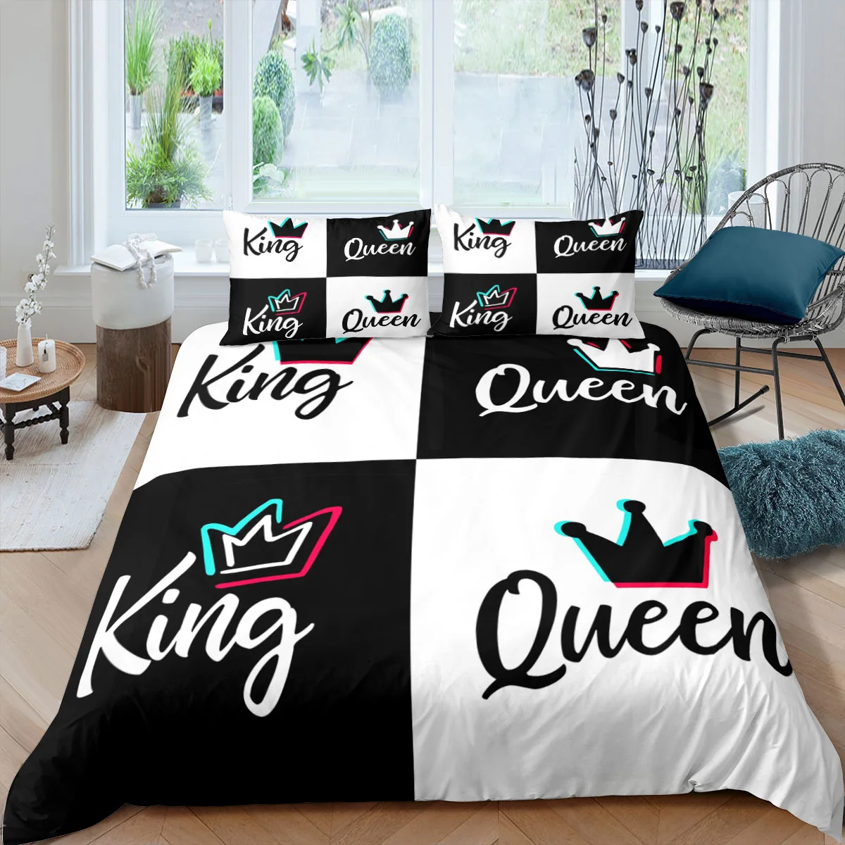 

Fashion Black White Crown Bedding Set 2/3pcs 210x210 Queen King Size Couples Comforter Quilt Cover For All Seasons Home Textile