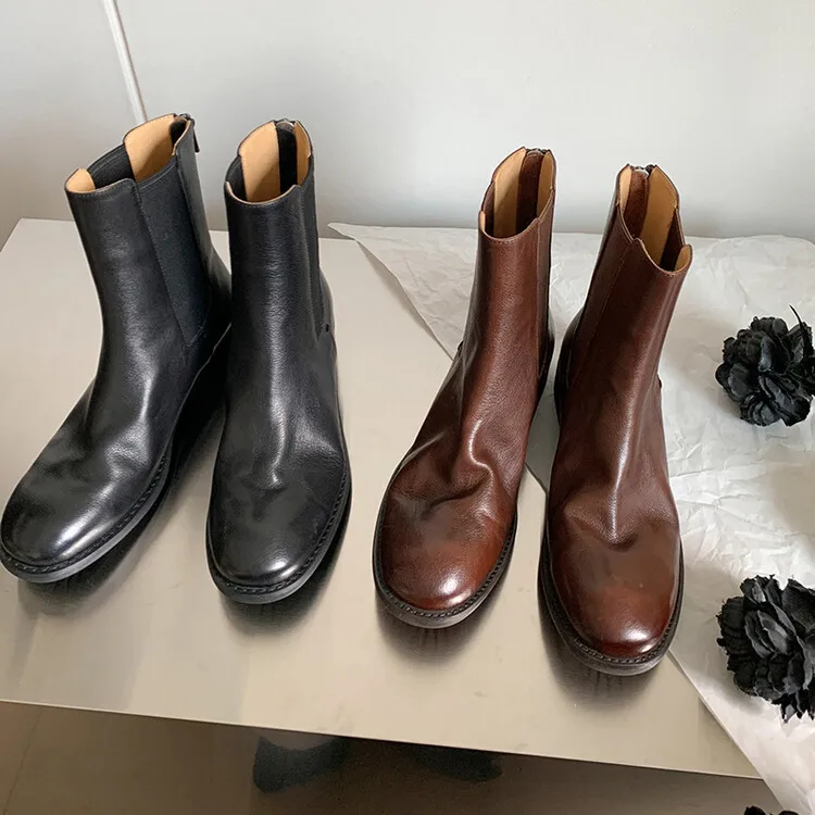 

2023 NEW ARRIVE Chelsea head layer cowhide boots women's boots round head zipper slack mouth tide female short boots shoes