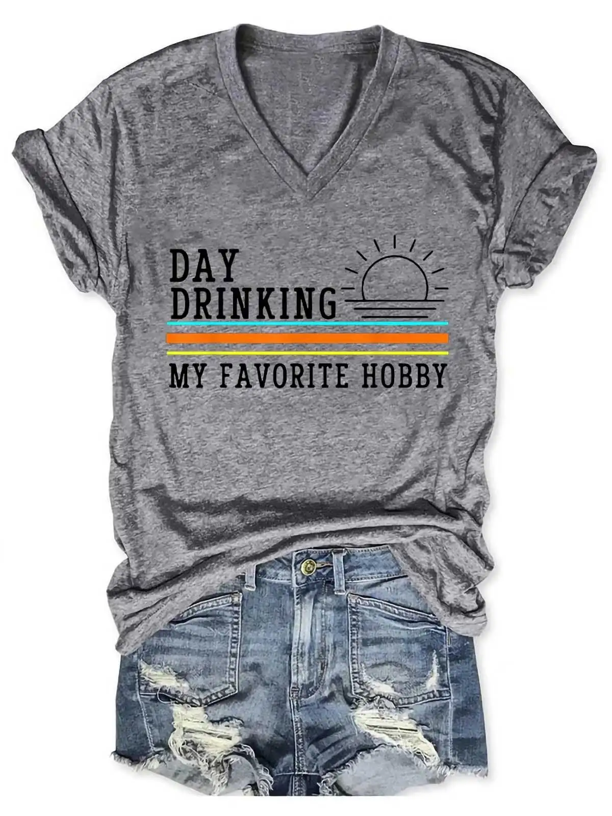 Lovessales Womens Day Drinking My Favorite Hobby V-Neck Short Sleeve 100% Cotton T-shirt