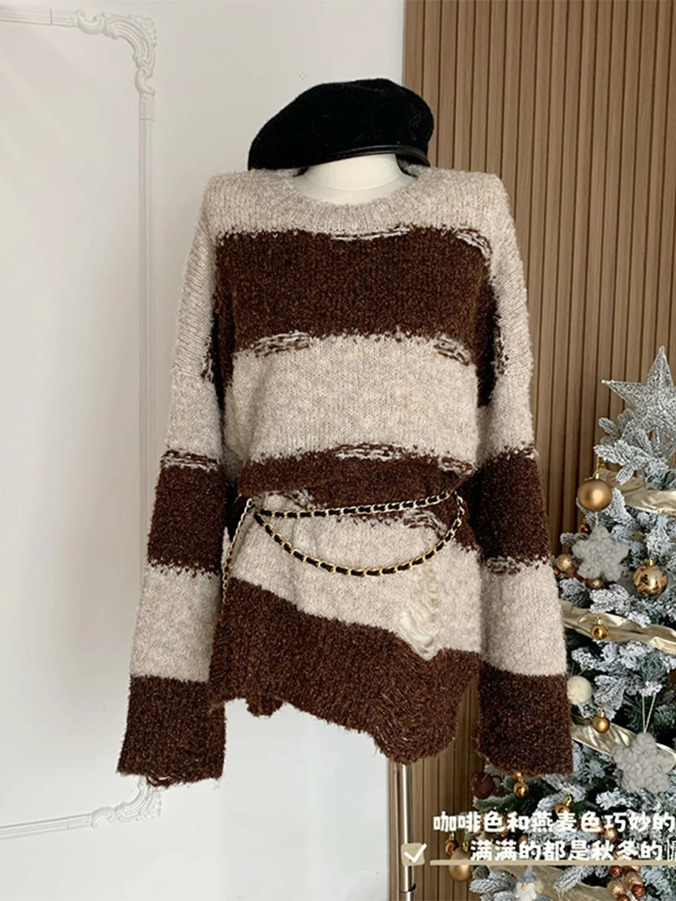 

Женский свободный трикотажный пуловер в полоску контрастных цветов, Новинка осени 2022, удобный вязаный пуловер с круглым вырезом, Женский мя...