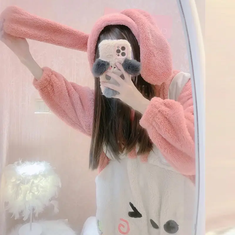 Kawaii Animal Pajamas Onesies Long Eared Rabbit Cartoon Sleepwear Cosplay Zipper Women Winter Flannel Overall Onepiece Jumpsuit