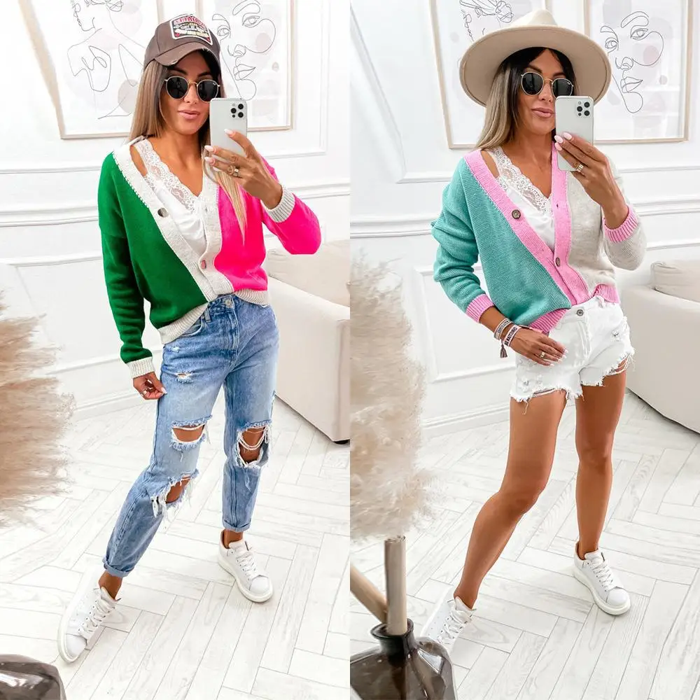 

2023 Women Sweater Cardigan Loose Long Sleeve V Neck Casual Autumn Winter Jumper Knitted Ladies Sweaters