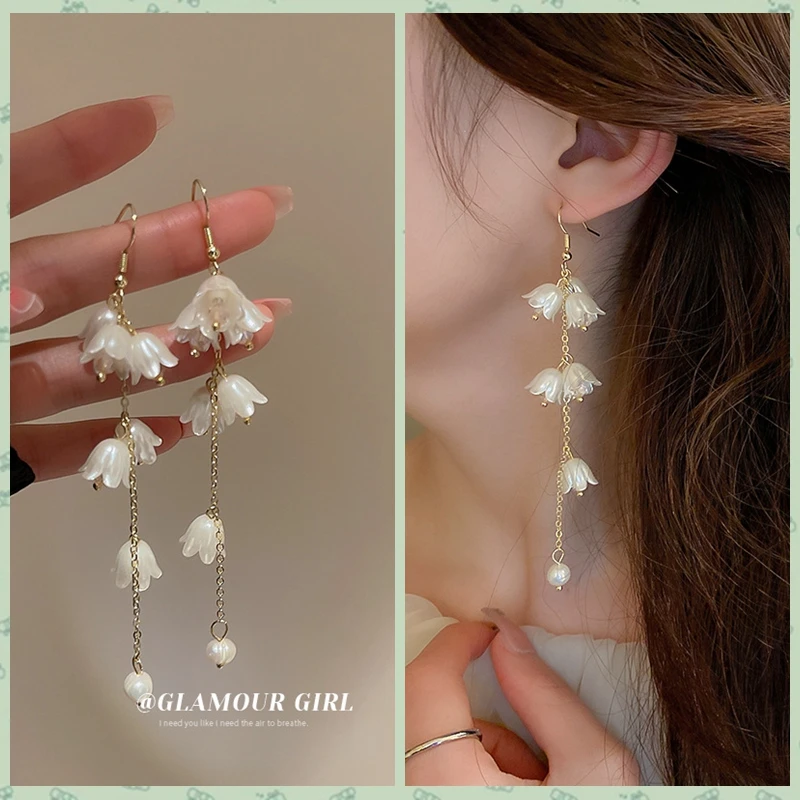 

French Temperament Orchid Bell Pearl Tassel Earrings for Women Lady 2023 Trendy Sweet Holiday Party Earrings Girls Jewelry Gift