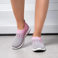 women sneakers mesh flats floral casual shoes breathable slipon fashion fly knit sneakers thick sole wedge sock vulcanized shoes