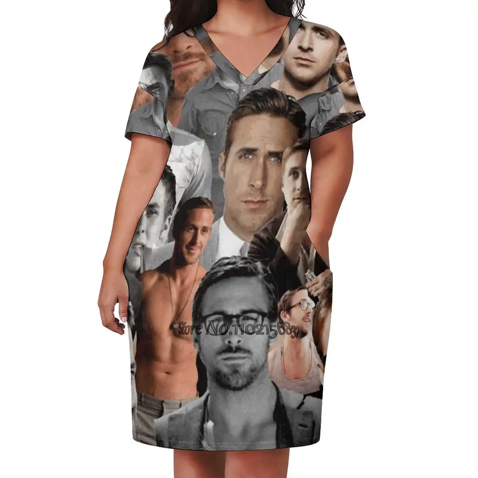 

Ryan Gosling Collage Loose V-Neck Short Sleeve Skirt Elegant High Quality Dress Lightweight Fabric Skirt Ryan Gosling Ryan