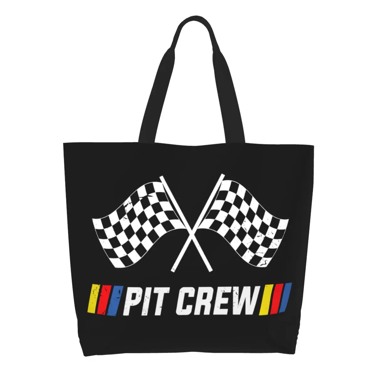 

Reusable Race Car Pit Crew Checkered Flag Shopping Bag Women Canvas Shoulder Tote Bag Durable Racing Sport Grocery Shopper Bags