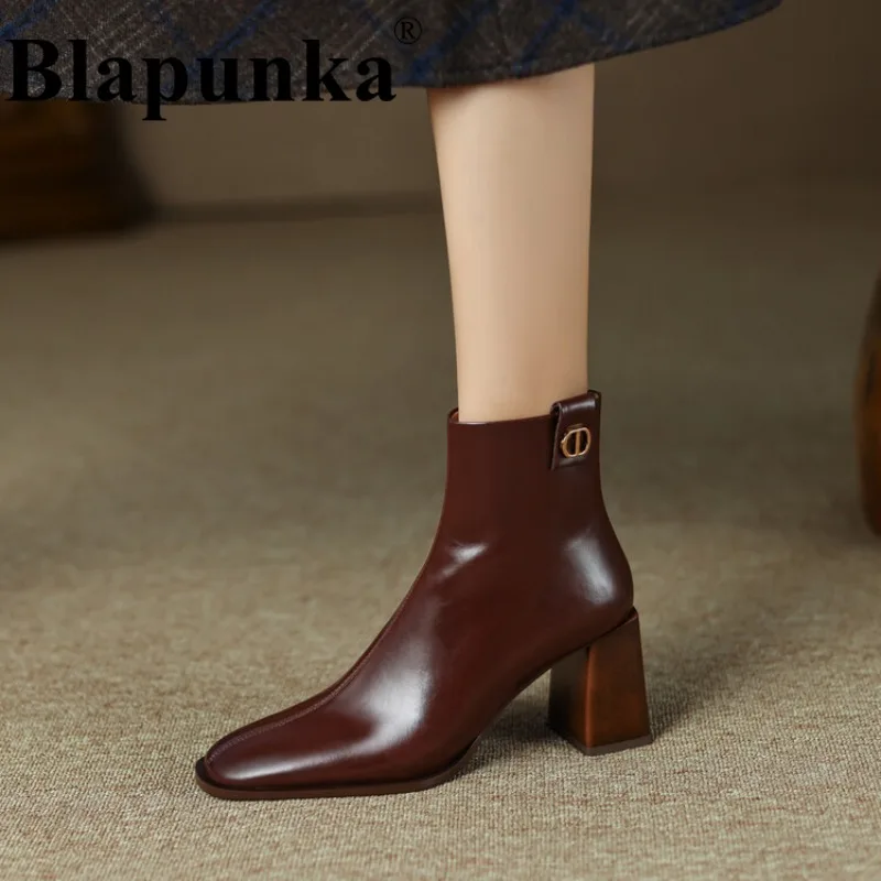 

Blapunka Women Sheep Leather Boots Retro High Quality Chunky High Heeled Zipper Ankle Boot Woman Wine Red Square Toe Shoes 34-42